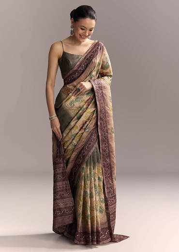 Coffee Brown Cotton Hand Painted Saree With Contrast Border