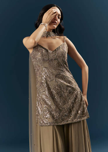 Coffee Brown Imported Georgette Sharara Suit With Heavy Embroidery