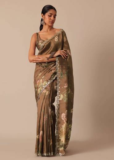 Coffee Brown Tussar Saree With Mirror Border And Unstitched Blouse Piece