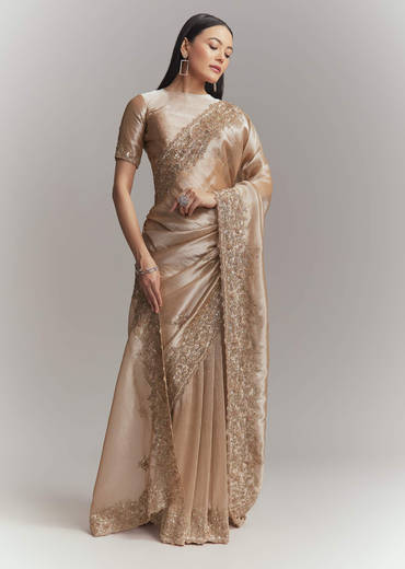 Copper Tissue Embroidered Saree With Heavy Hand Embroidery