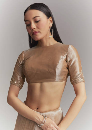 Copper Tissue Embroidered Saree With Heavy Hand Embroidery