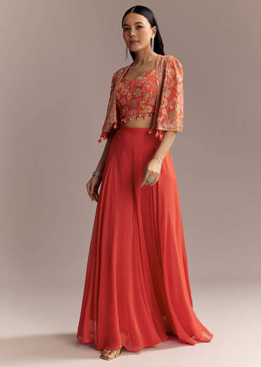Coral Georgette Crop Top And Palazzo Set With Embroidered Cape