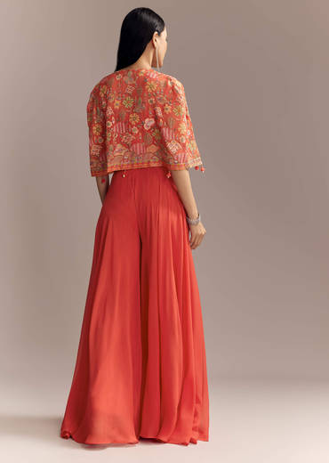 Coral Georgette Crop Top And Palazzo Set With Embroidered Cape