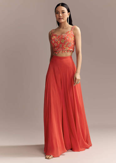 Coral Georgette Crop Top And Palazzo Set With Embroidered Cape
