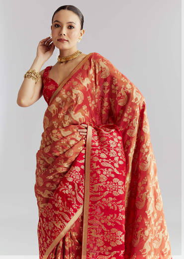 Coral Red Silk Woven Saree With Zari Work