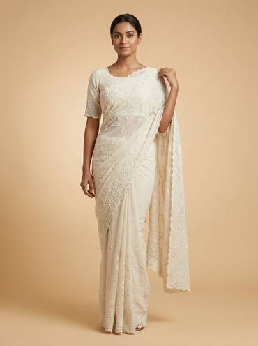 Cotton White Embroidered Saree