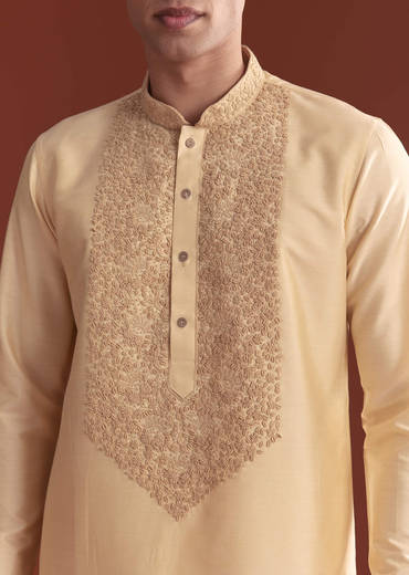 Cream Banarasi Silk Kurta Set For Men With Kashmiri Work