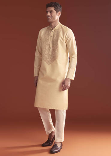 Cream Banarasi Silk Kurta Set For Men With Kashmiri Work