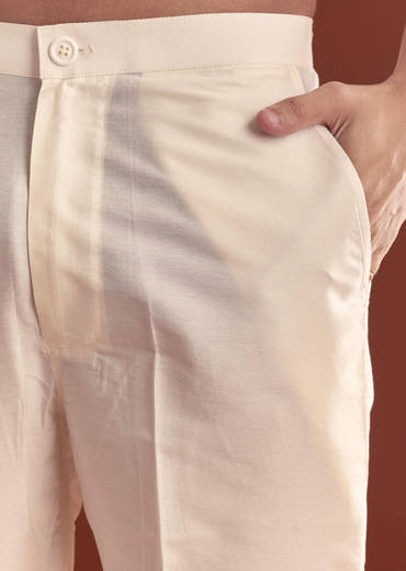 Cream Banarasi Silk Kurta Set For Men With Kashmiri Work