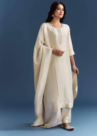 White Banarasi Tissue Kurta Set With Zardosi Neckline