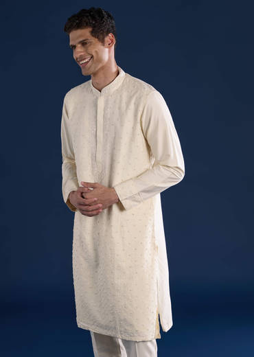 Cream Banarsi Silk Mens Kurta and Pant Set