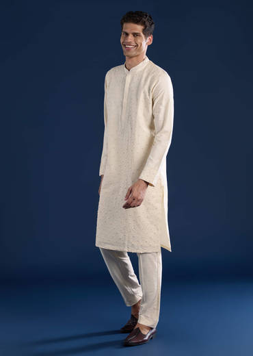 Cream Banarsi Silk Mens Kurta and Pant Set