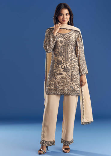 Cream Beaded Kurta Dupatta Set With Georgette Pant