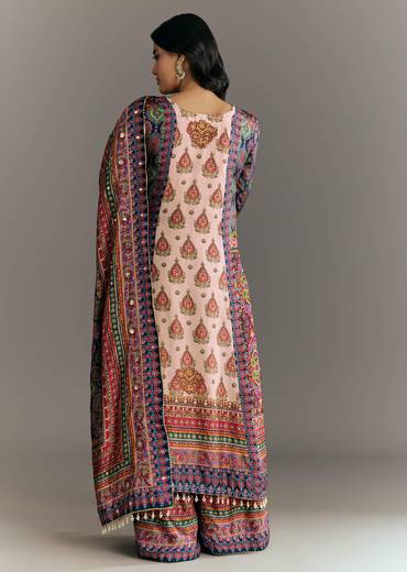 Cream Blue Tabby Silk Printed Kurta Palazzo With Dupatta
