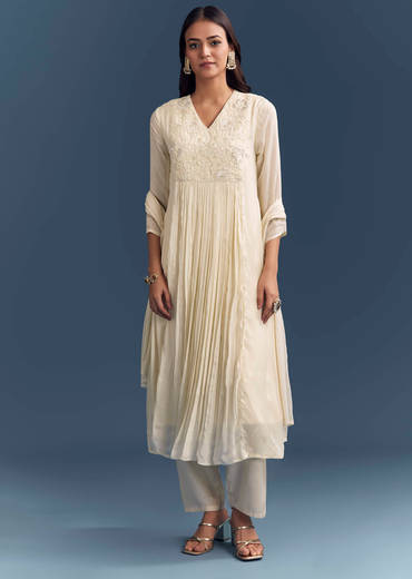 Cream Chinon Anarkali Suit With Moti And Thread Embroidery