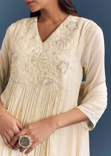 Cream Chinon Anarkali Suit With Moti And Thread Embroidery