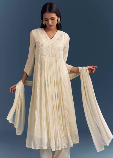 Cream Chinon Anarkali Suit With Moti And Thread Embroidery