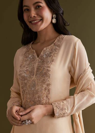 Cream Chinon Kurta Sharara Suit With Embroidered Dupatta