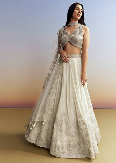 Cream Chinon Lehenga with Net Choli