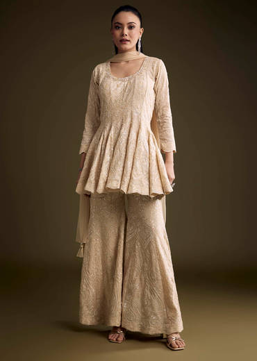 Cream Chinon Palazzo Suit With Sequins And Resham Work