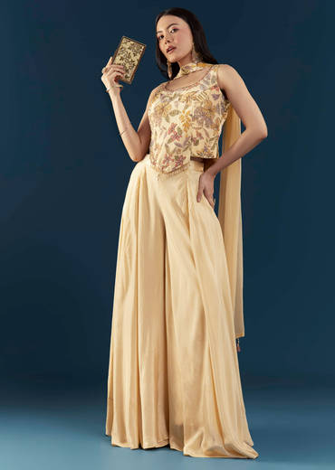 Cream Crepe Crop Top Palazzo Set with Floral Print