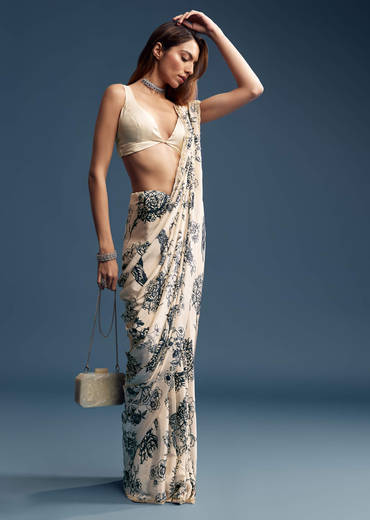 Cream Crepe Saree With Black Floral Print And Embroidery
