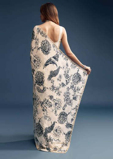 Cream Crepe Saree With Black Floral Print And Embroidery