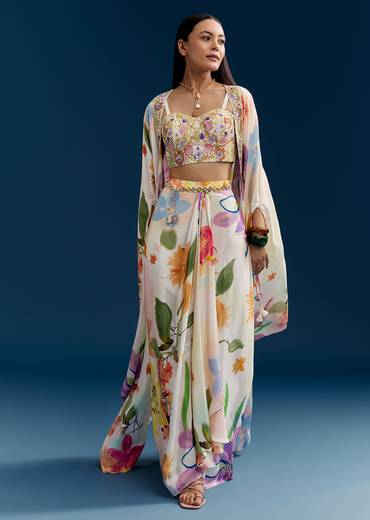 Cream Crop Top Skirt Set With Embroidered Cape And Floral Print