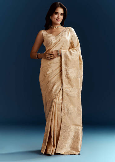 Cream Dola Silk Brocade Saree With Gota Patti Work