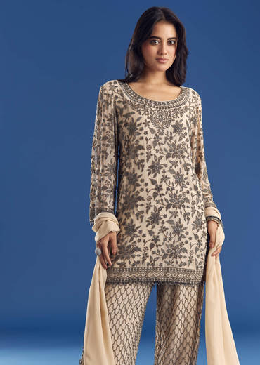 Cream Georgette Fully Beaded Kurta Pant Set With Dupatta