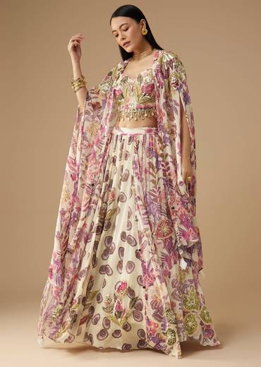 Cream Georgette Printed Lehenga Set with Cape