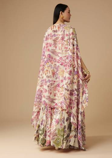 Cream Georgette Printed Lehenga Set with Cape