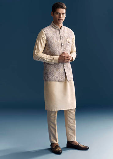 Cream Jacquard Kurta Jacket Set For Men With Printed Jacket