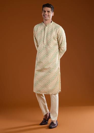 Cream Jacquard Mens Kurta Pant Set