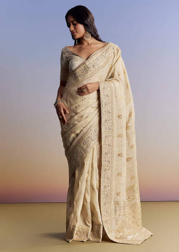 Cream Jacquard Silk Saree With Zari Brocade And Zardosi Embellished Pallu