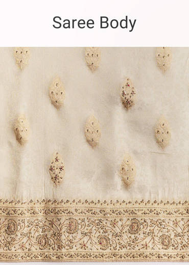 Cream Jacquard Silk Saree With Zari Brocade And Zardosi Embellished Pallu
