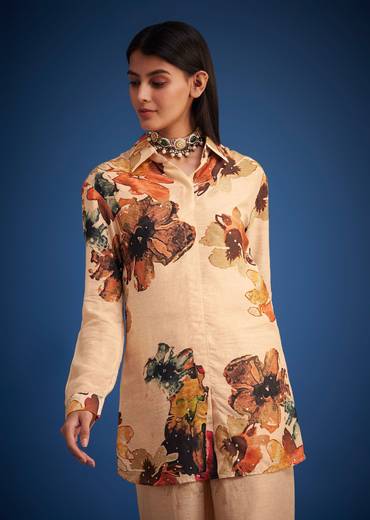 Cream Linen Floral Printed Embroidered Co Ord Set