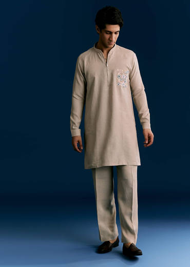 Cream Linen Kurta Set With Embroidery