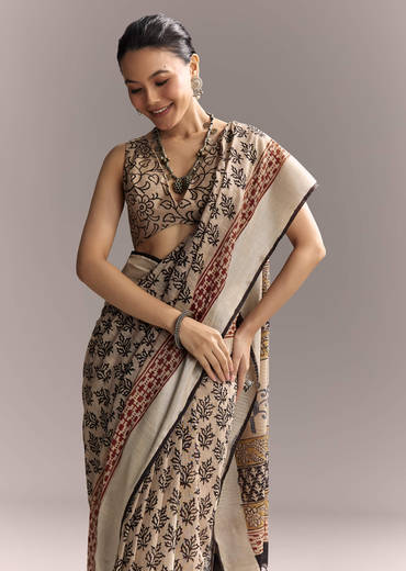 Cream Linen Saree With Black Hand Block Ajrakh Print
