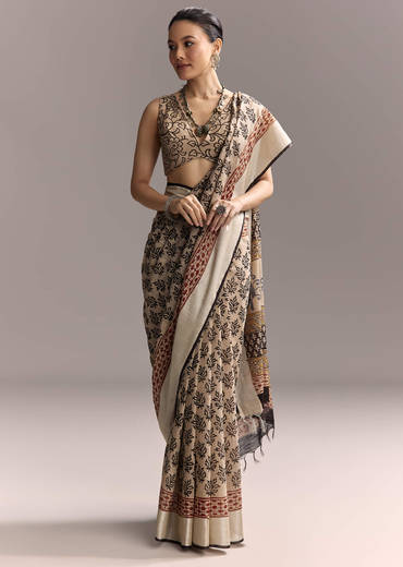 Cream Linen Saree With Black Hand Block Ajrakh Print