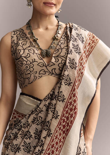 Cream Linen Saree With Black Hand Block Ajrakh Print