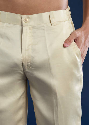 Cream Linen Satin Jacket Kurta Set with Dori Work