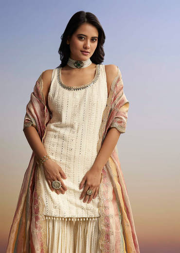 Cream Lucknowi Sharara Set With Tissue Dupatta