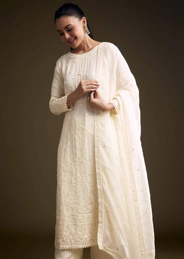 Cream Organza Kurta Set With Resham And Moti Embroidery