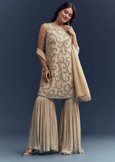 Cream Organza Sharara Suit With Moti And Cutdana Work