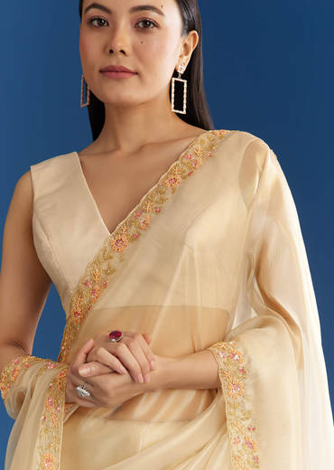 Cream Organza Tissue Saree With Subtle Beaded Border