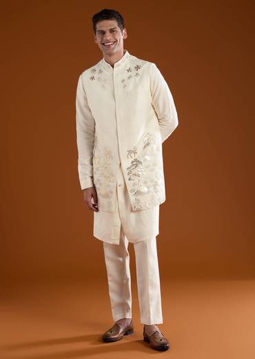Cream Patchwork Jacket and Kurta Set in Silk