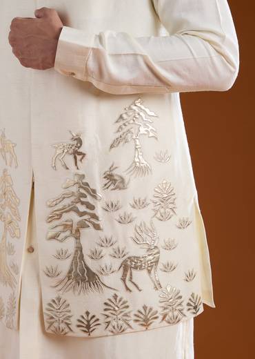 Cream Patchwork Jacket and Kurta Set in Silk