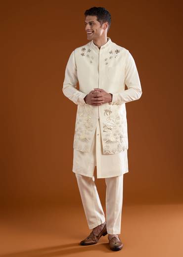 Cream Patchwork Jacket and Kurta Set in Silk