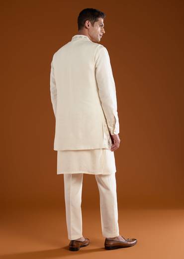 Cream Patchwork Jacket and Kurta Set in Silk
